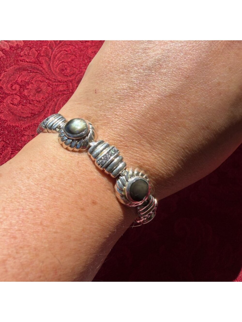Vintage 925 Sterling Silver Black Mother of Pearl CZ Ribbed Link Tennis Bracelet